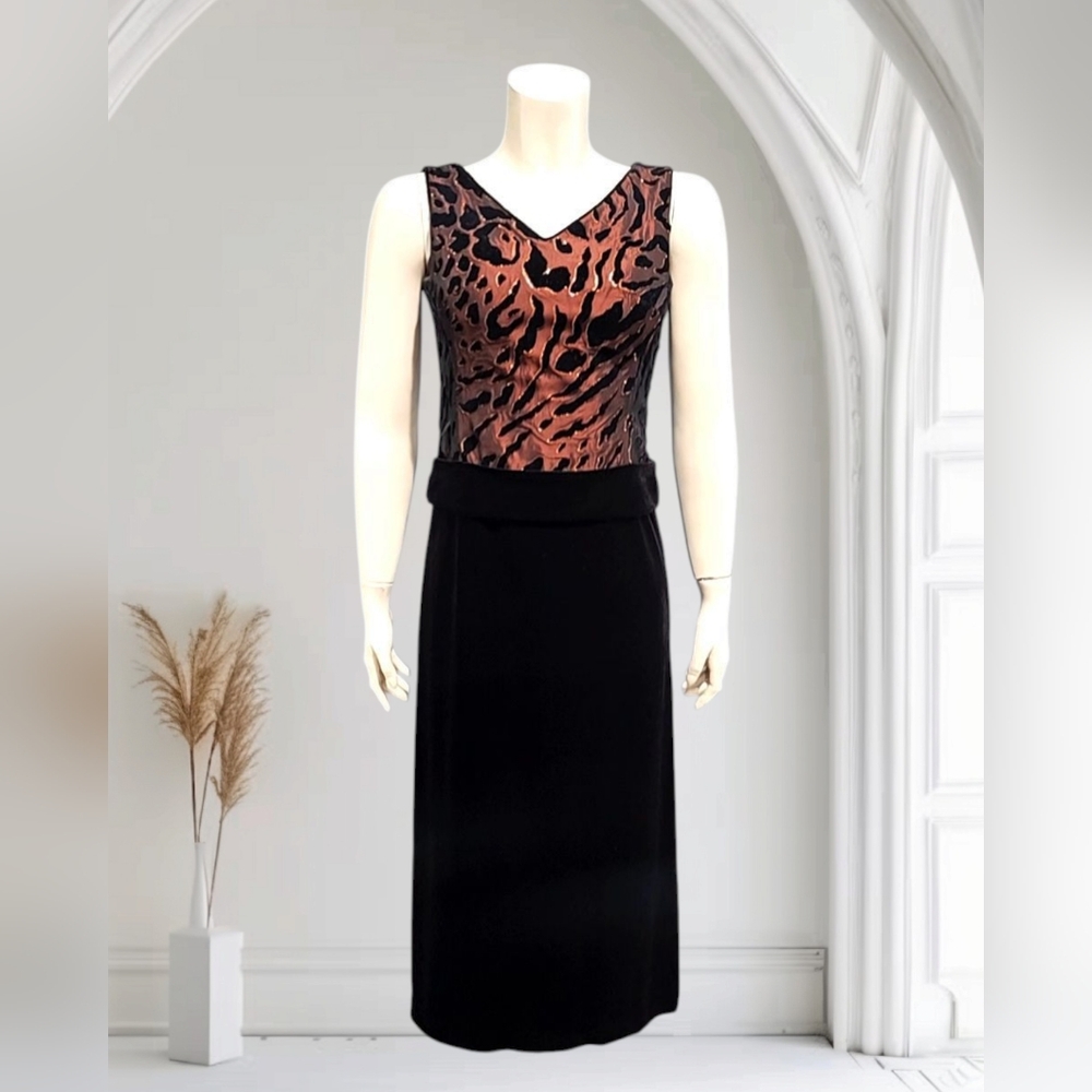 BERNINI Italy Animal Print Black Velvet Midi Sleeveless Cocktail Dress XS